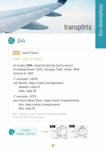 aperçu d'une page d'un carnet de voyage (réservations des vols)